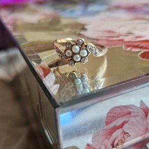 Antique 14k gold mine cut diamond ring with seed pearls